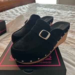 Corkys Black Wedge Mules with Silver Buckle